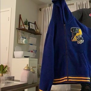 Blue Polo letterman hoodie.